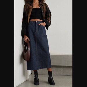 FRAME The Column Cotton Dark Blue Denim w. Yellow Stitching Midi Skirt wom 29
